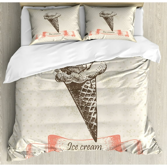 Ambesonne Ice Cream Duvet Cover Sets, Old Dots, 2-Queen, Cream Coral Brown
