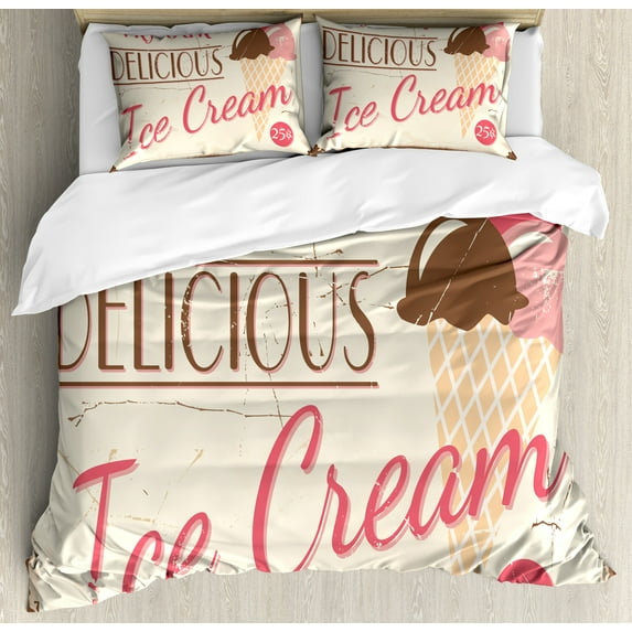 Ambesonne Ice Cream Duvet Cover Sets, Pop Art Logo, 2-Queen, Pink Cream Umber