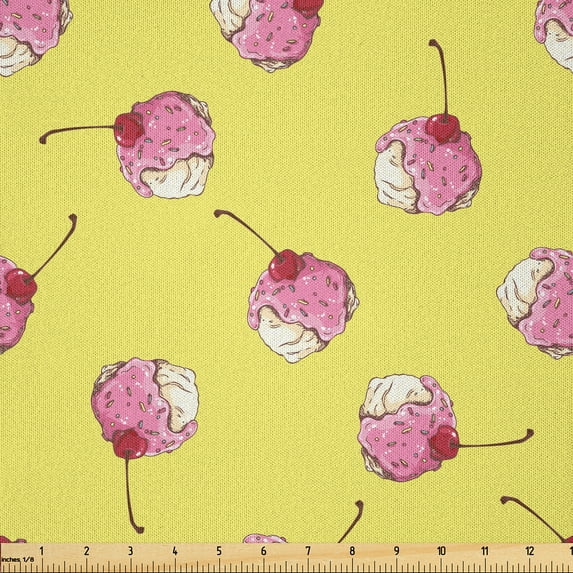 Ambesonne Ice Cream Fabric by the Yard Microfiber, Balls and Cherry Tops, 5 Yards, Mustard and Pink