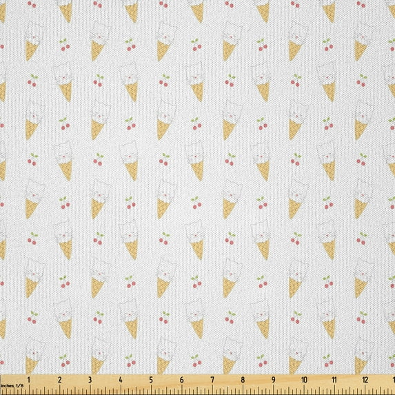 Ambesonne Ice Cream Fabric by the Yard Microfiber, Kitty Cones, 3 Yards, Mustard White