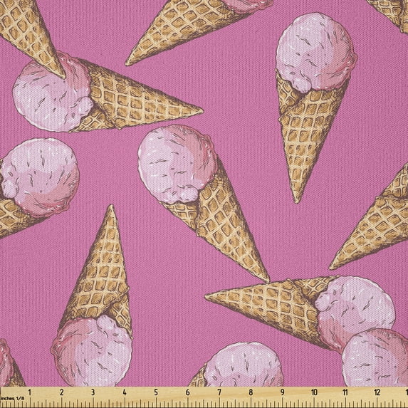 Ambesonne Ice Cream Fabric by the Yard Microfiber, Summer Desserts Pinkish, 1 Yard, Pink and Pale Brown