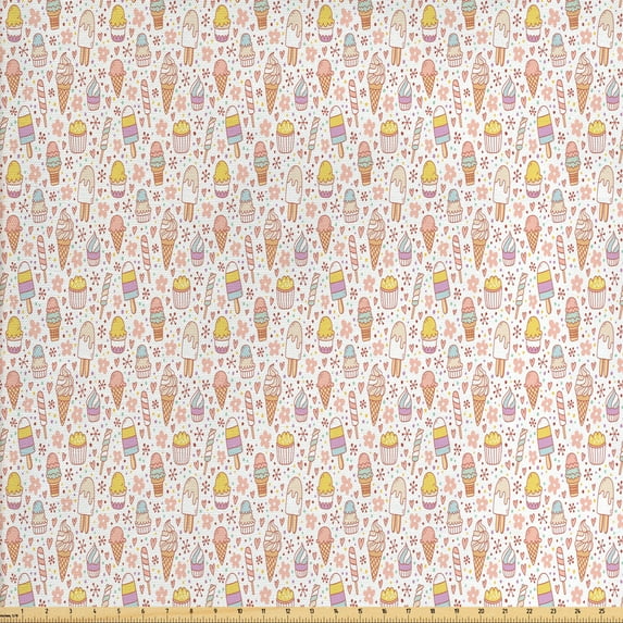 Ambesonne Ice Cream Fabric by the Yard Upholstery, Candies, 5 Yards, Peach Coral Mint