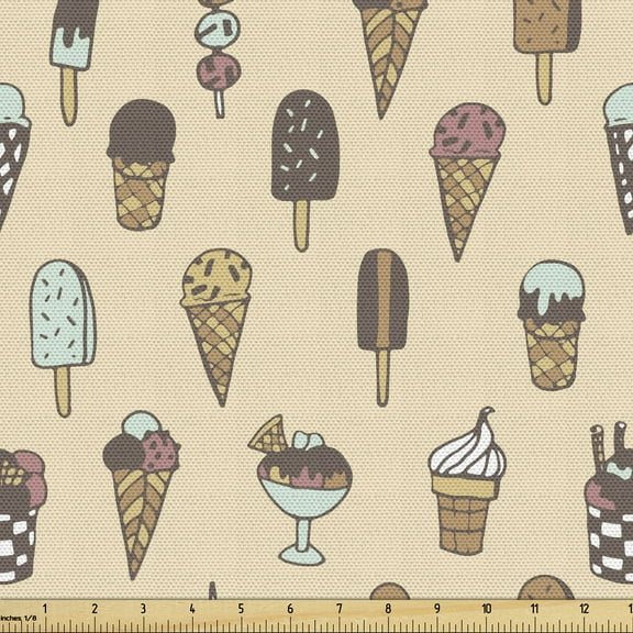 Ambesonne Ice Cream Fabric by the Yard Upholstery, Caricature Cone Doodles, 3 Yards, Multicolor