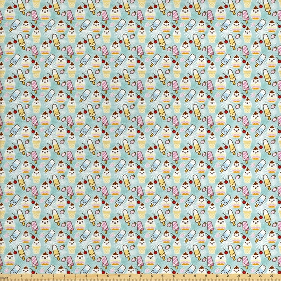 Ambesonne Ice Cream Fabric by the Yard Upholstery, Cupcake Faces, 5 Yards, Multicolor