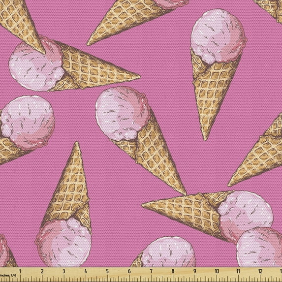 Ambesonne Ice Cream Fabric by the Yard Upholstery, Summer Desserts Pinkish, 2 Yards, Pink and Pale Brown