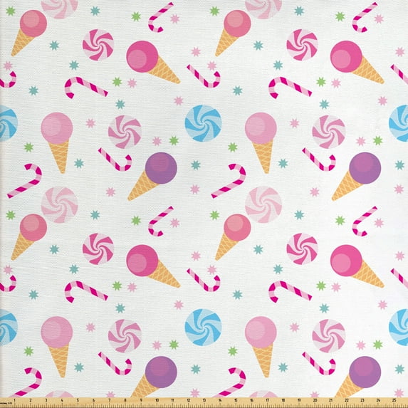 Ambesonne Ice Cream Fabric by the Yard Upholstery, Sweets Ice Cream Candy, 2 Yards, Multicolor