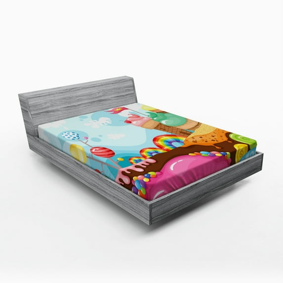 Ambesonne Ice Cream Fitted Sheet, Dessert Land, Full Size, Multicolor