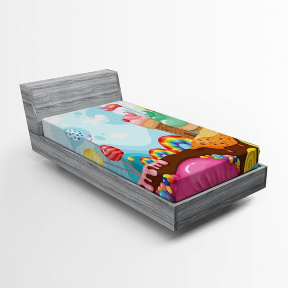 Ambesonne Ice Cream Fitted Sheet, Dessert Land, Twin XL Size, Multicolor