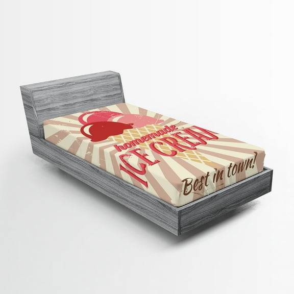 Ambesonne Ice Cream Fitted Sheet, Homemade Ice Cream, Twin Size, Coral Cream Red