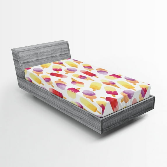 Ambesonne Ice Cream Fitted Sheet, Watercolor Cone, Twin Size, Multicolor