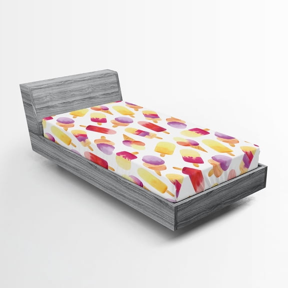 Ambesonne Ice Cream Fitted Sheet, Watercolor Cone, Twin XL Size, Multicolor
