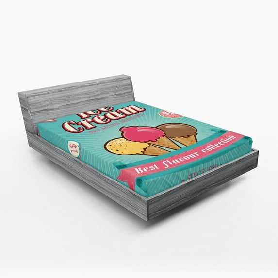 Ambesonne Ice Cream Fitted Sheet, Words Toppings, Full Size, Seafoam Pink Pale Yellow