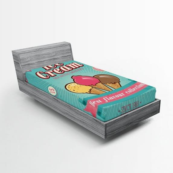 Ambesonne Ice Cream Fitted Sheet, Words Toppings, Twin XL Size, Seafoam Pink Pale Yellow