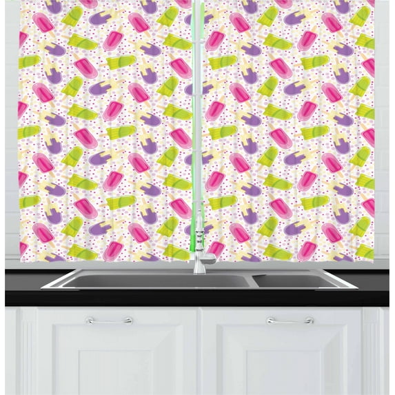 Ambesonne Ice Cream Kitchen Curtains, Cartoon Popsicle Dots, 55"x39", Multicolor