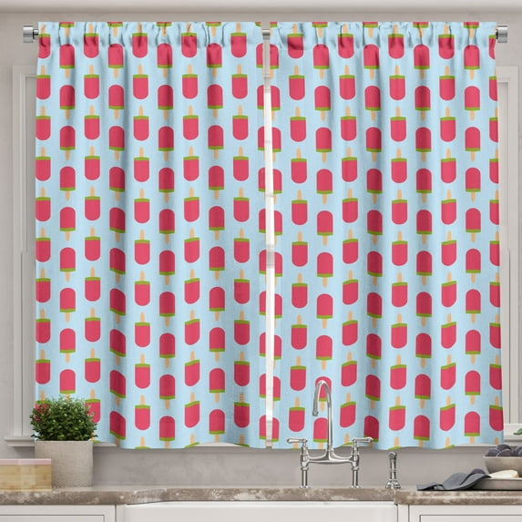 Ambesonne Ice Cream Kitchen Curtains, Fruity Cold Popsicles, 55"x45", Pale Blue Dark Coral