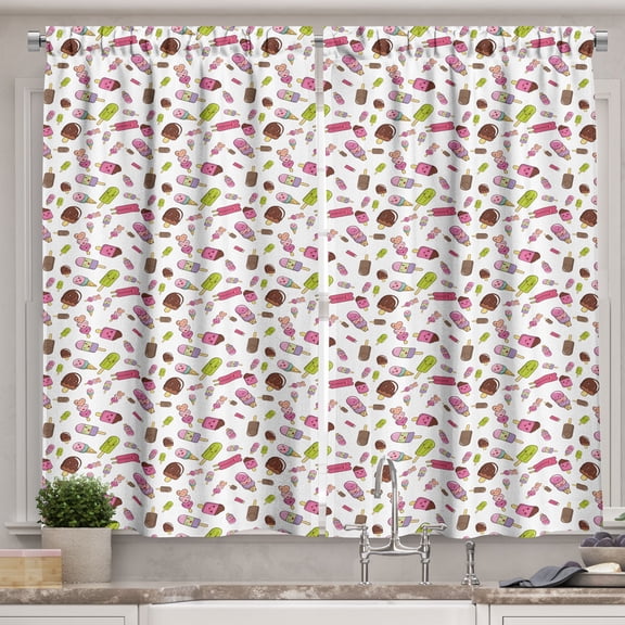 Ambesonne Ice Cream Kitchen Curtains, Happy Kawaii Popsicle, 55"x24", Yellow Green Dark Rust
