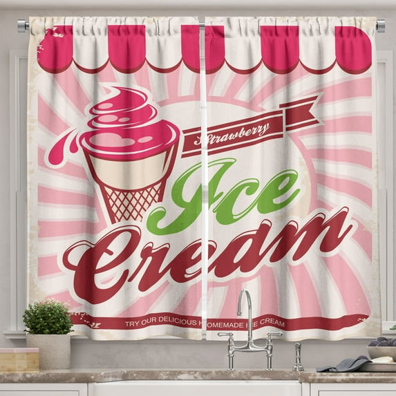 Ambesonne Ice Cream Kitchen Curtains, Soft Strawberry, 55"x39", Hot Pink Maroon Cream
