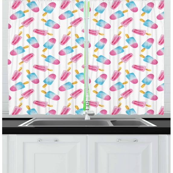 Ambesonne Ice Cream Kitchen Curtains, Watercolor Popsicles, 55"x45", Earth Yellow Pale Blue