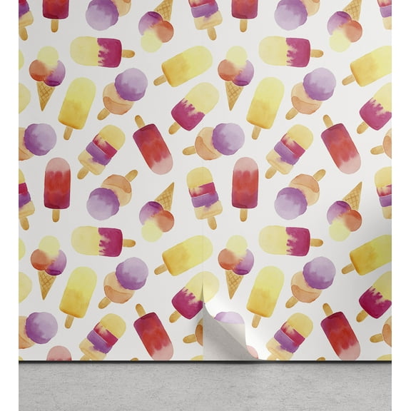 Ambesonne Ice Cream Peel & Stick Wallpaper for Home, Watercolor Cone, 13"x36", Multicolor