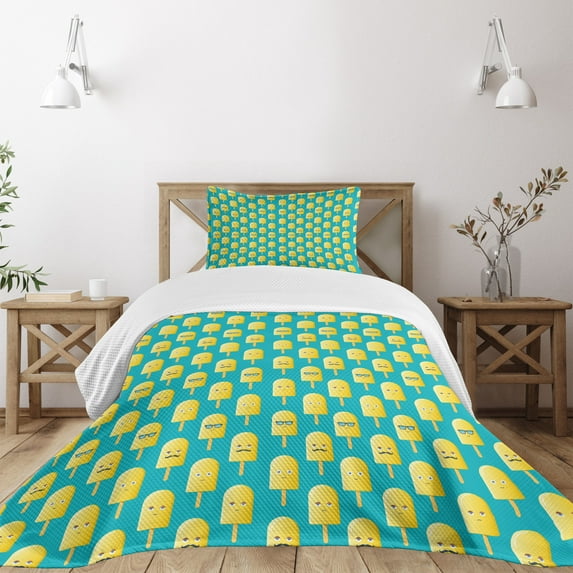 Ambesonne Ice Cream Quilted Bedspread Set 2 Pcs, Lemon Flavor Face, Twin Size, Teal Yellow