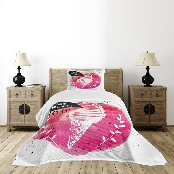 Ambesonne Ice Cream Quilted Bedspread Set 2 Pcs, Yummy, Twin Size, Pink Black White