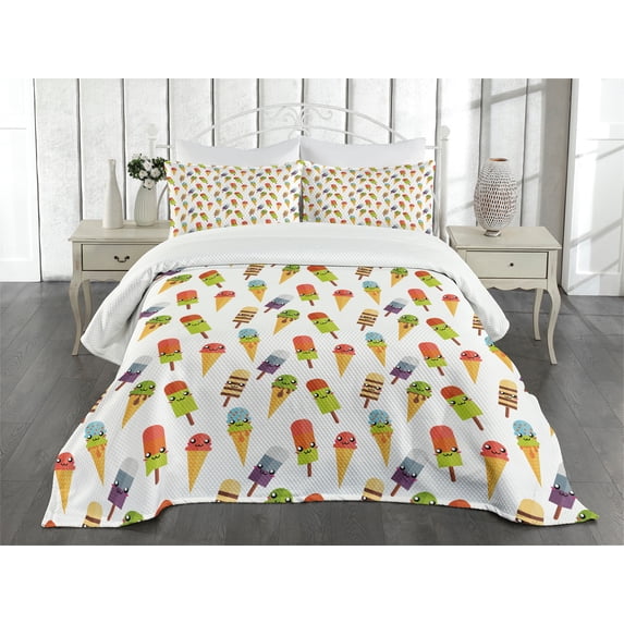 Ambesonne Ice Cream Quilted Bedspread Set 3 Pcs, Colorful Yummy, Queen Size, Multicolor