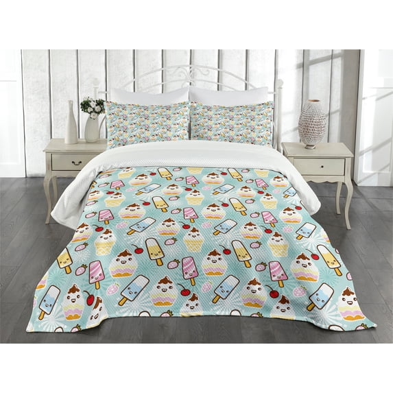 Ambesonne Ice Cream Quilted Bedspread Set 3 Pcs, Cupcake Faces, King Size, Multicolor
