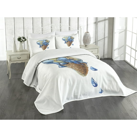 Ambesonne Ice Cream Quilted Bedspread Set 3 Pcs, Globe Planet Earth Flavor, Queen Size, Pale Caramel Violet Blue