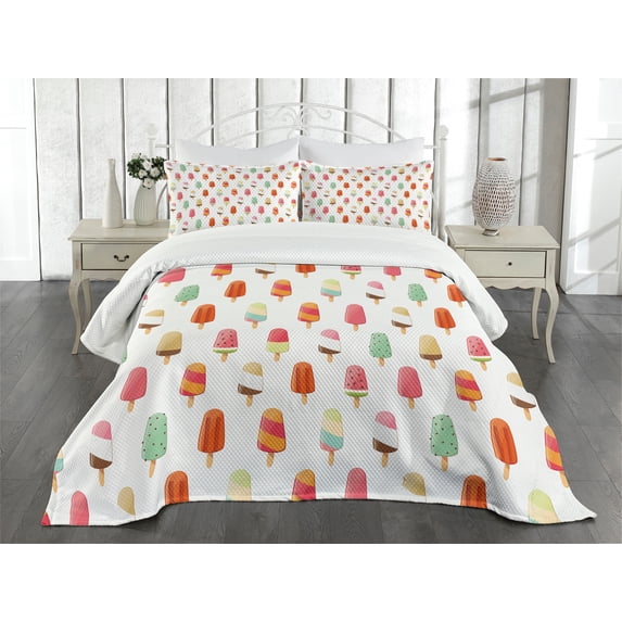 Ambesonne Ice Cream Quilted Bedspread Set 3 Pcs, Various Flavors, Queen Size, Multicolor