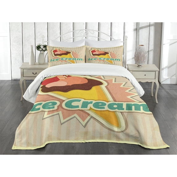 Ambesonne Ice Cream Quilted Bedspread Set 3 Pcs, Vintage Funky, Queen Size, Multicolor