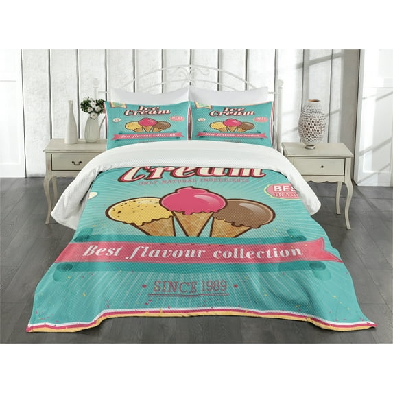 Ambesonne Ice Cream Quilted Bedspread Set 3 Pcs, Words Toppings, Queen Size, Seafoam Pink Pale Yellow