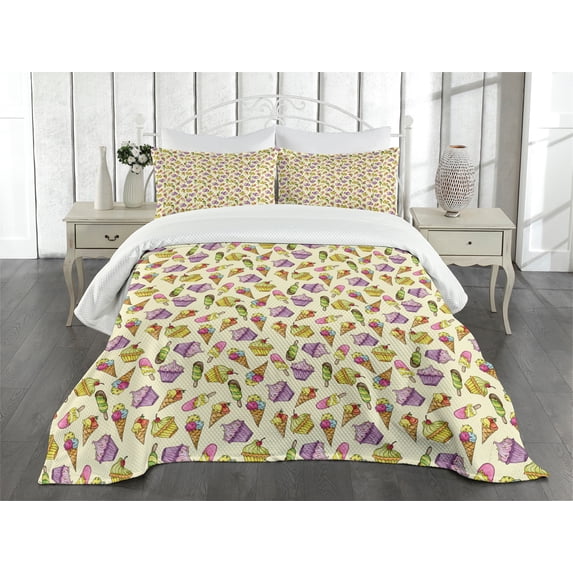 Ambesonne Ice Cream Quilted Bedspread Set 3 Pcs, Yummy Cupcakes, Queen Size, Multicolor