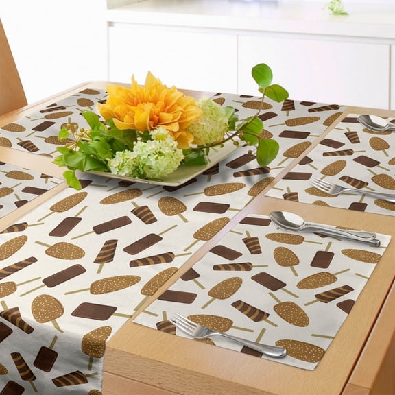Ambesonne Ice Cream Table Runner & Placemats, Chocolate Popsicle Form, Placemat 4 pcs + Runner 16"x72", Ivory Multicolor