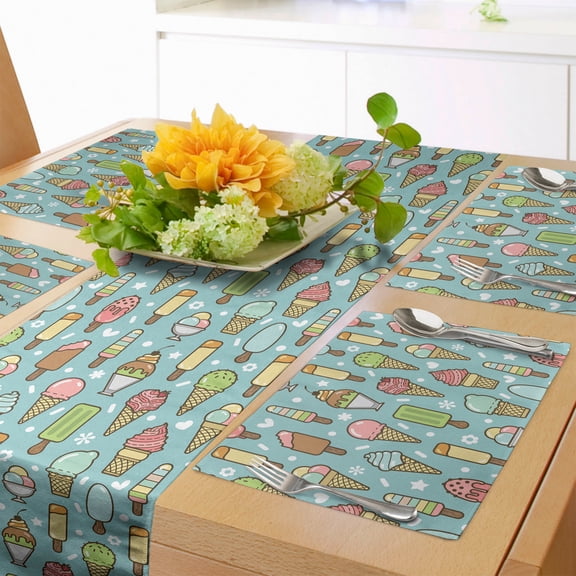 Ambesonne Ice Cream Table Runner & Placemats, Summer Time Dessert Time, Placemat 4 pcs + Runner 14"x90", Multicolour
