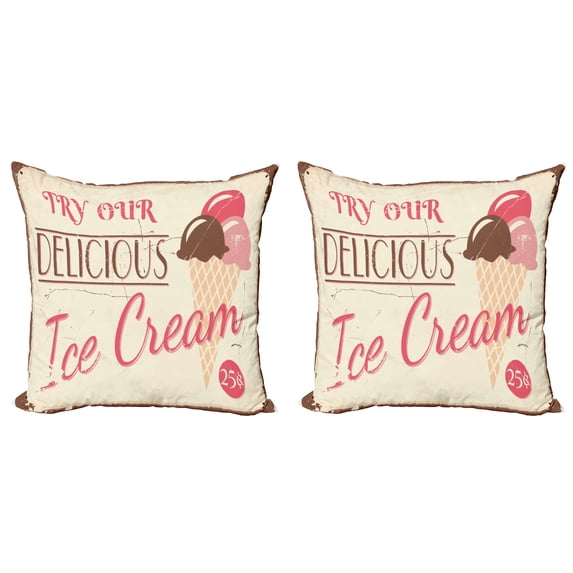 Ambesonne Ice Cream Throw Pillow Cover 2 Pack, Pop Art Logo, 20", Pink Cream Umber