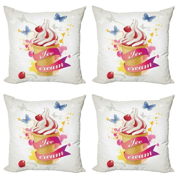 Ambesonne Ice Cream Throw Pillow Cover 4 Pack, Cherries Colors, 16", Multicolor