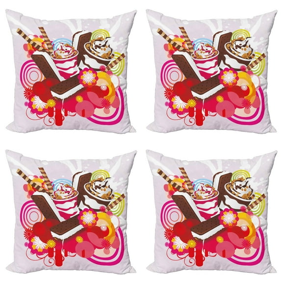 Ambesonne Ice Cream Throw Pillow Cover 4 Pack, Flowers Deserts, 24", Multicolor