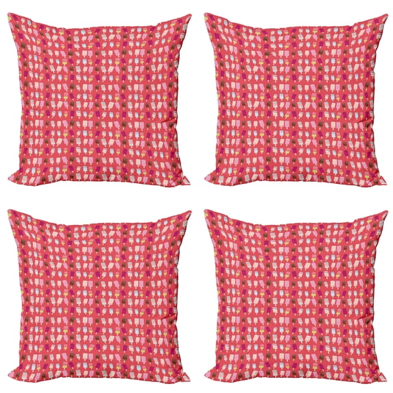 Ambesonne Ice Cream Throw Pillow Cover 4 Pack, Funny Ice Lolly Popsicles, 24", Dark Coral Multicolor