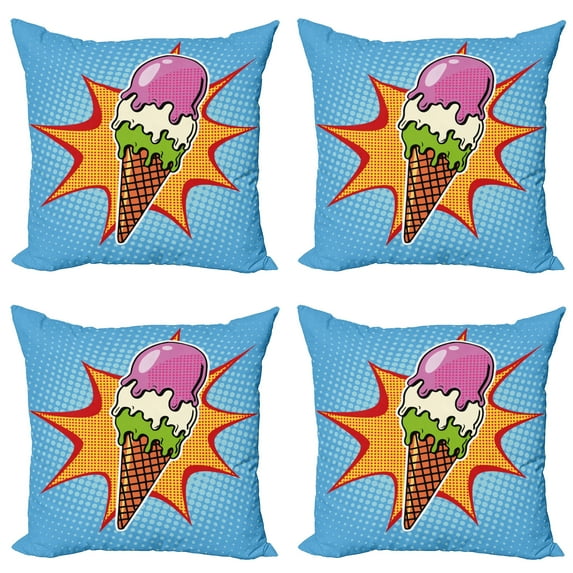 Ambesonne Ice Cream Throw Pillow Cover 4 Pack, Retro Cone Dots, 24", Multicolor