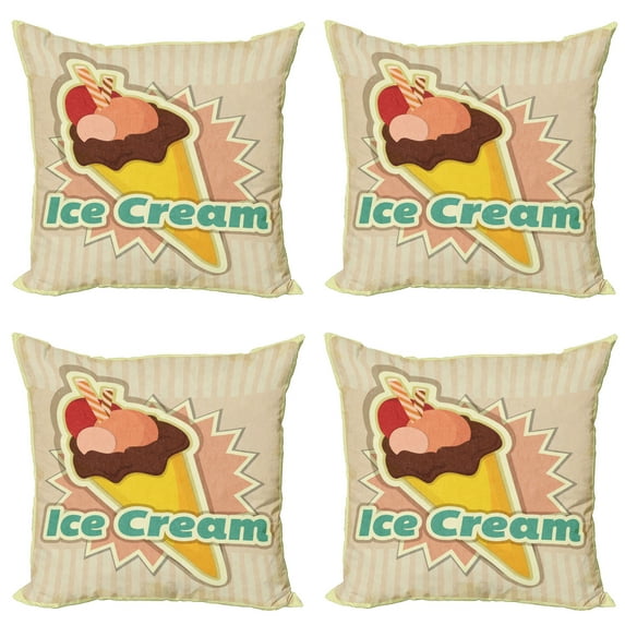 Ambesonne Ice Cream Throw Pillow Cover 4 Pack, Vintage Funky, 24", Multicolor