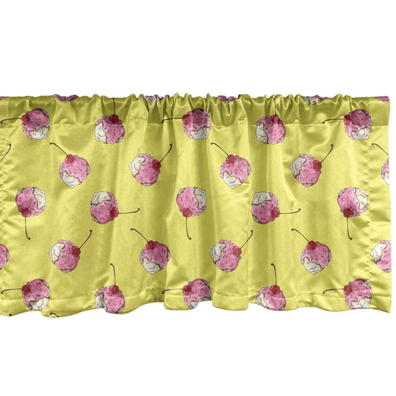 Ambesonne Ice Cream Window Valance, Balls and Cherry Tops, 42" x 12", Mustard and Pink