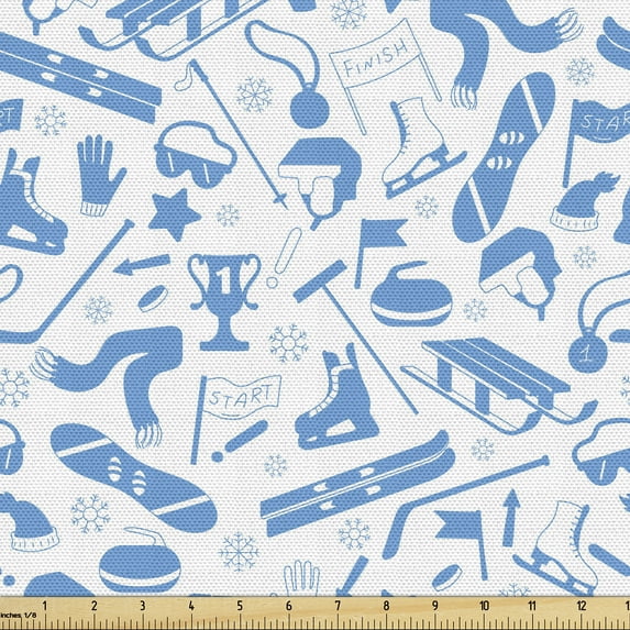Ambesonne Ice Skates Fabric by the Yard Upholstery, Winter Sports Elements, 2 Yards, Deep Sky Blue White