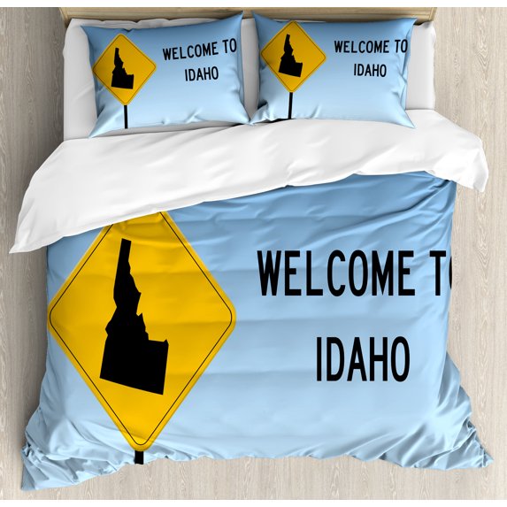 Ambesonne Idaho Duvet Cover Sets, Gem State Welcome Road Sign, 2-King, Earth Yellow Sky Blue