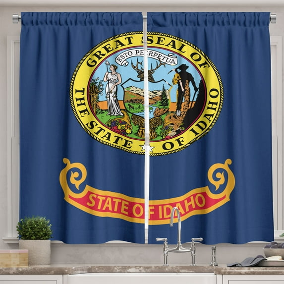 Ambesonne Idaho Kitchen Curtains, Nostalgic Logo of Gem State, 55"x45", Night Blue Multicolor