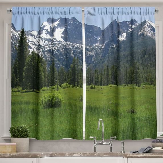 Ambesonne Idaho Kitchen Curtains, Sawtooth Foothill Landscape, 55"x45", Ceil Blue Olive Green
