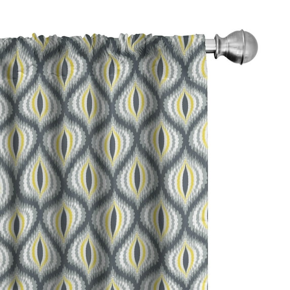 Ambesonne Ikat Window Curtains, Ogee Shapes Vintage Pale, Each 28" W x 63" L, Grey Yellow White