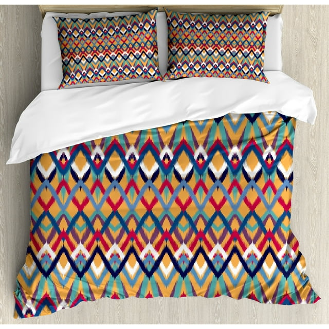 Ambesonne Ikat Duvet Cover Set, Ceremonial Native Art, 2-Calking, Red Blue Orange