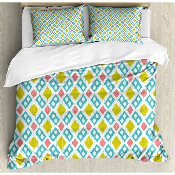 Ambesonne Ikat Duvet Cover Sets, Blurry Vertical Lines, 2-King, Mustard Blue Pink