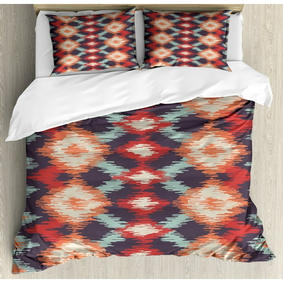 Ambesonne Ikat Duvet Cover Sets, Oriental Weaving Style, 2-King, Red Orange Teal