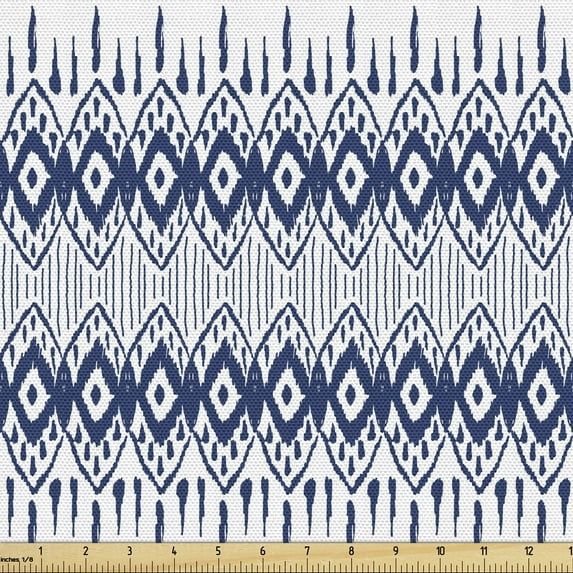 Ambesonne Ikat Fabric by the Yard Upholstery, Eastern Borders, 10 Yards, Navy Blue and White